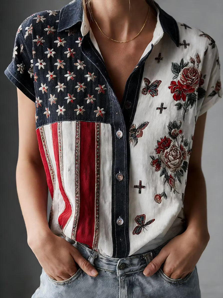 Women's American Founding 250th Anniversary Art Print Short-Sleeved Shirt - GLOWUP