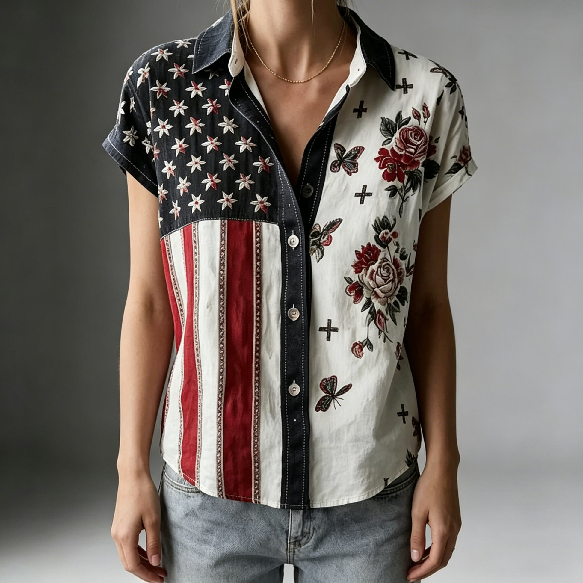 Women's American Founding 250th Anniversary Art Print Short-Sleeved Shirt - GLOWUP