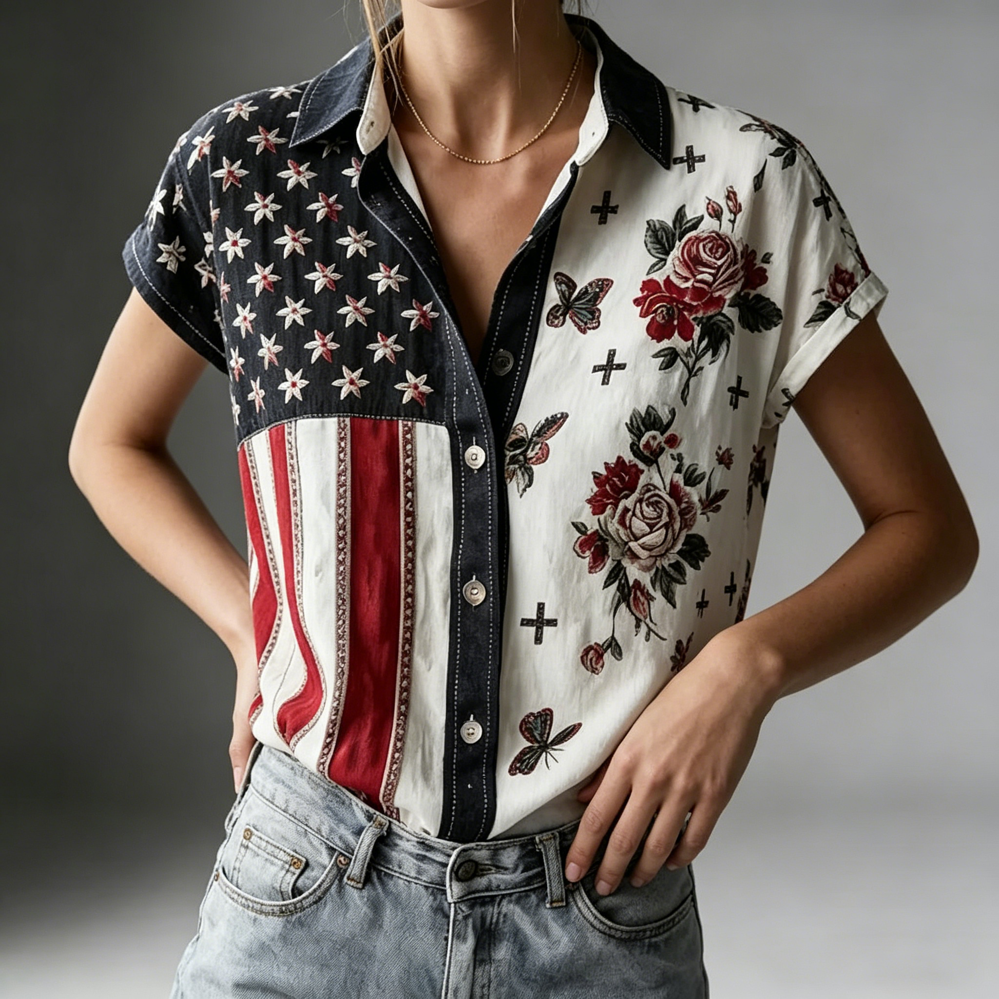 Women's American Founding 250th Anniversary Art Print Short-Sleeved Shirt - GLOWUP
