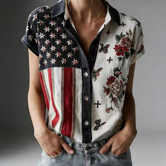 Women's American Founding 250th Anniversary Art Print Short-Sleeved Shirt - GLOWUP