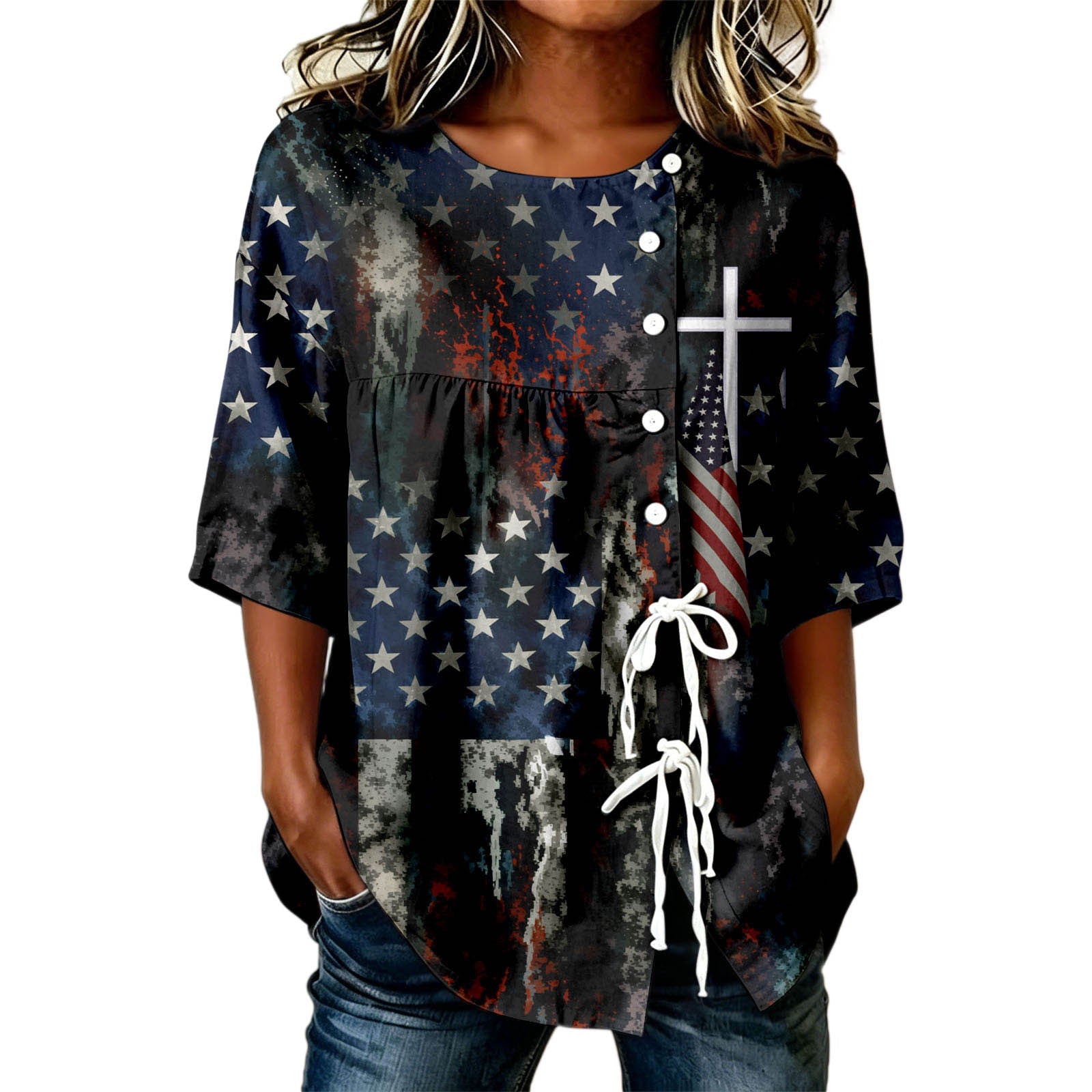 USA 250th Women's Short-Sleeved Shirt with Tie Hem - GLOWUP
