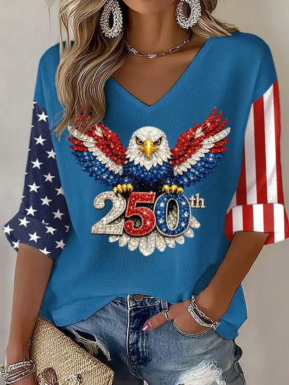 USA 250th Women's Summer V-neck Short-sleeved Top CHF-1580 - GLOWUP