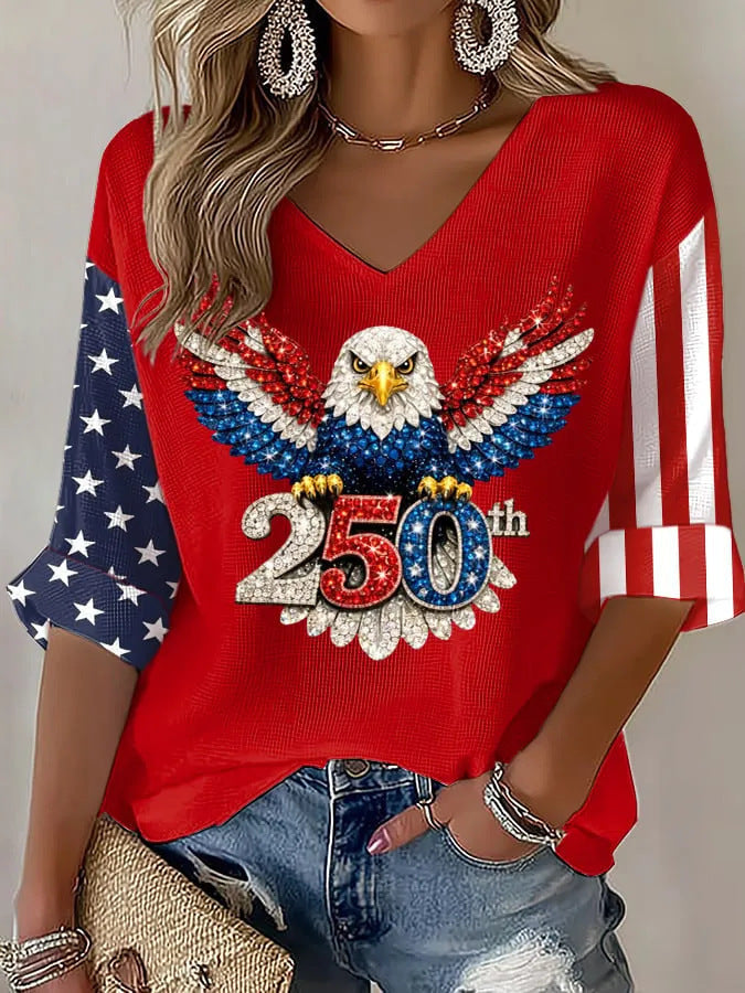 USA 250th Women's Summer V-neck Short-sleeved Top CHF-1580 - GLOWUP