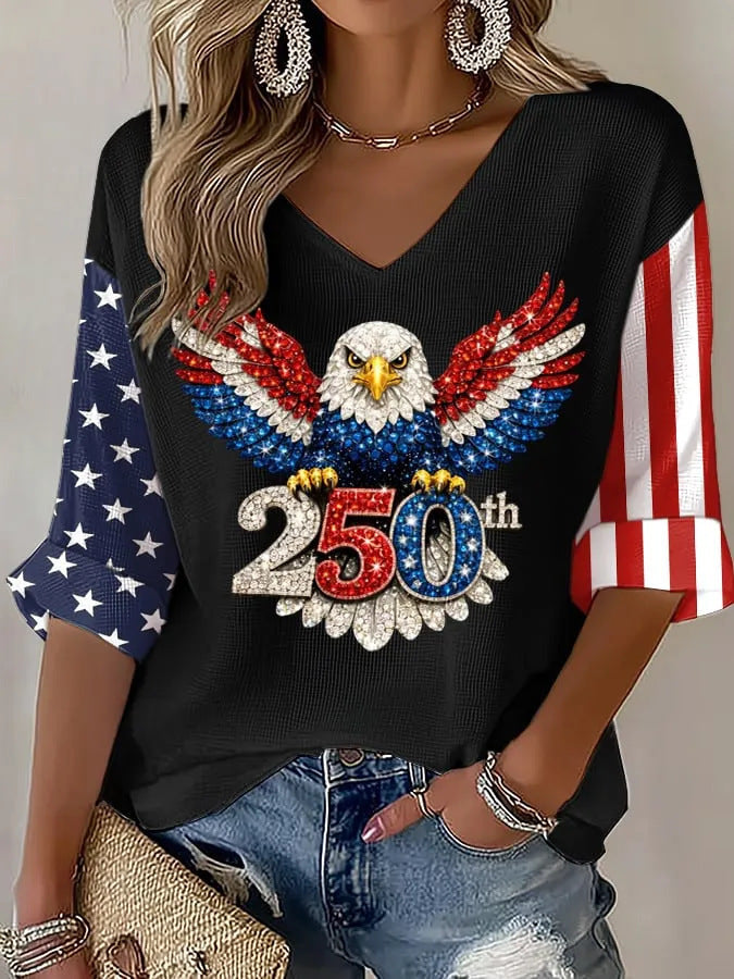 USA 250th Women's Summer V-neck Short-sleeved Top CHF-1580 - GLOWUP