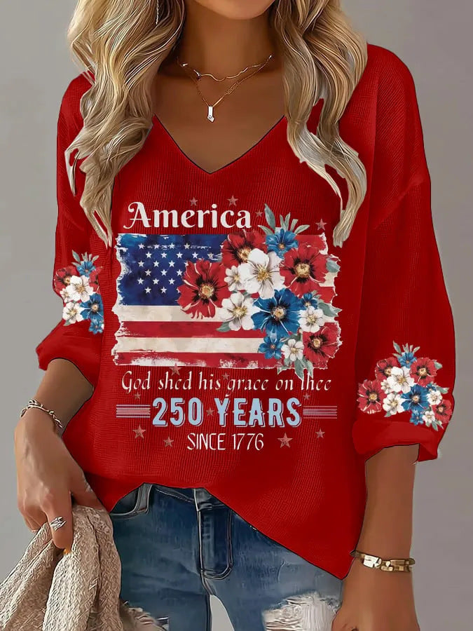 USA 250th Women's Summer V-neck Short-sleeved Top CHF-1584 - GLOWUP