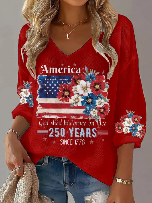 USA 250th Women's Summer V-neck Short-sleeved Top CHF-1584 - GLOWUP