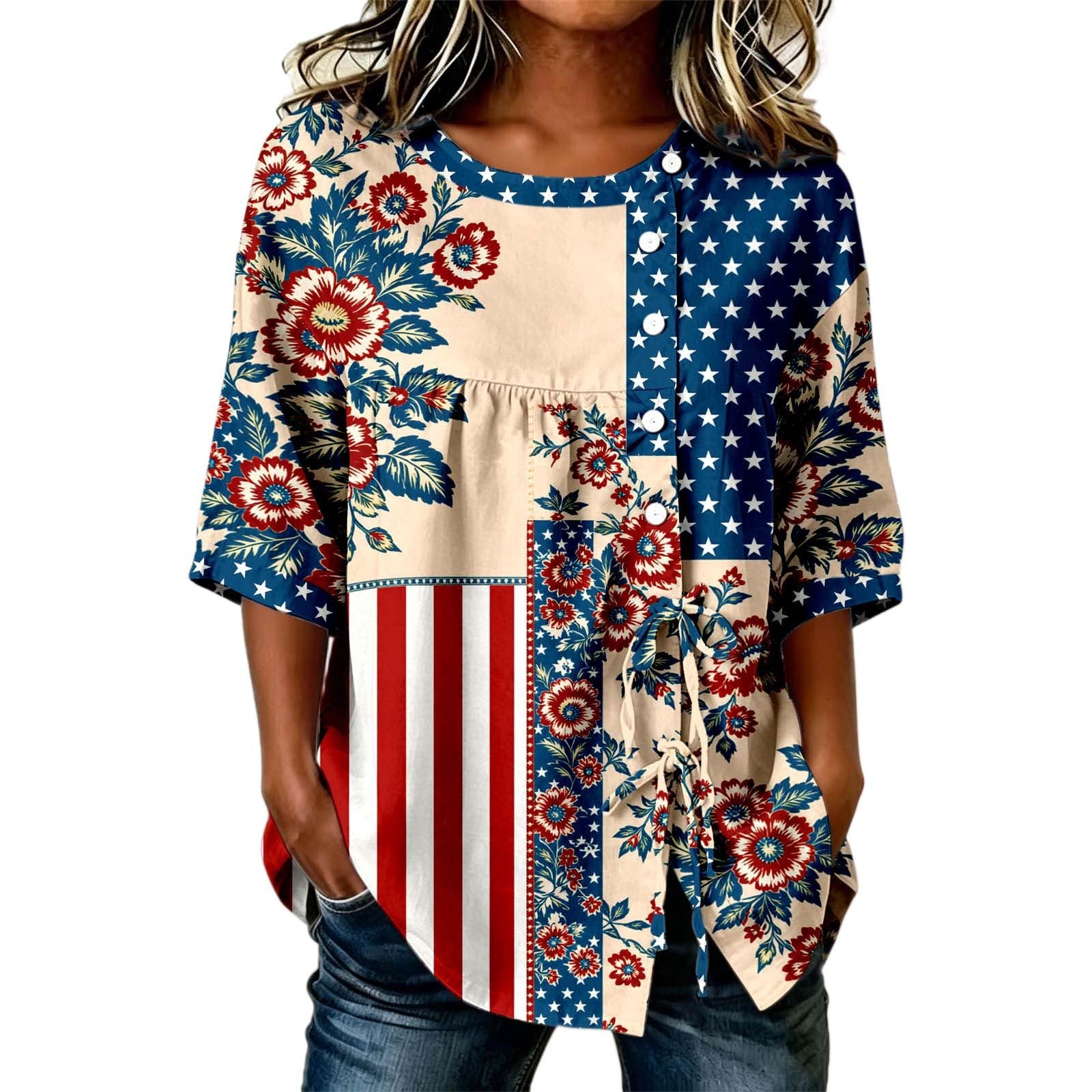 USA 250th Women's Short-Sleeved Shirt with Tie Hem - GLOWUP