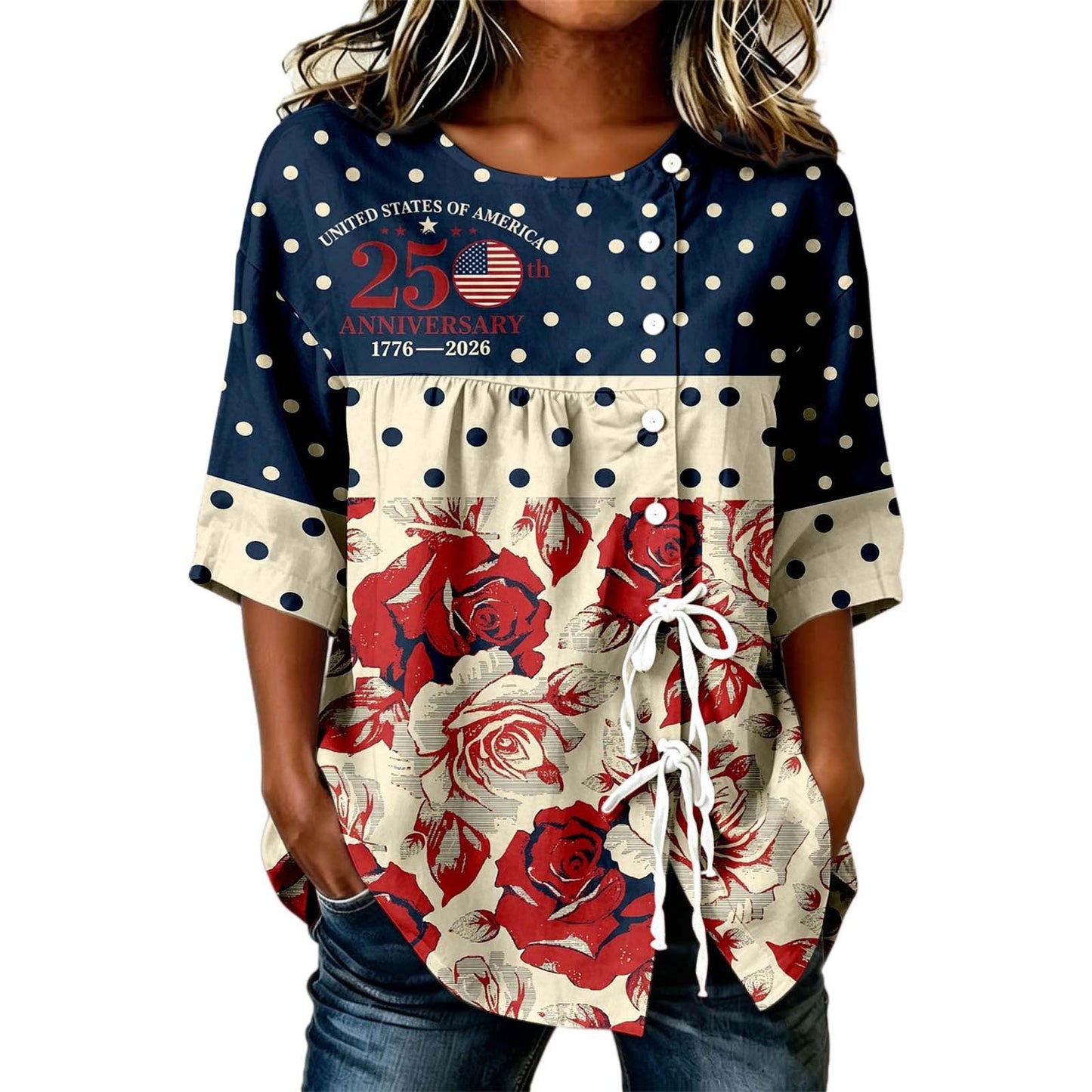 USA 250th Women's Short-Sleeved Shirt with Tie Hem - GLOWUP