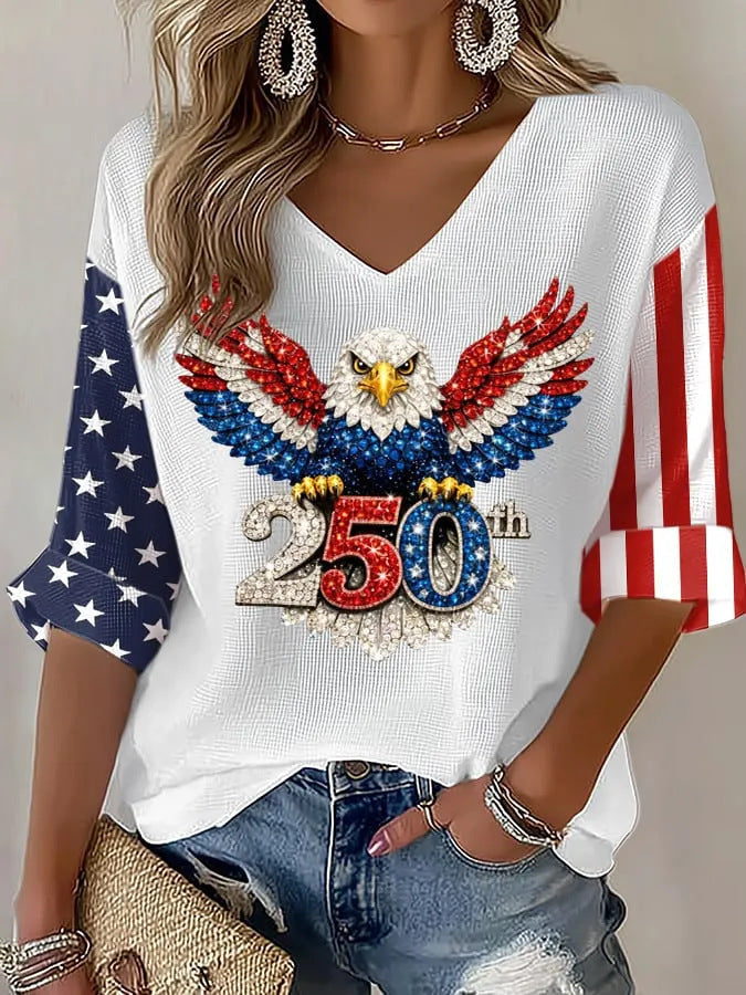 USA 250th Women's Summer V-neck Short-sleeved Top CHF-1580 - GLOWUP