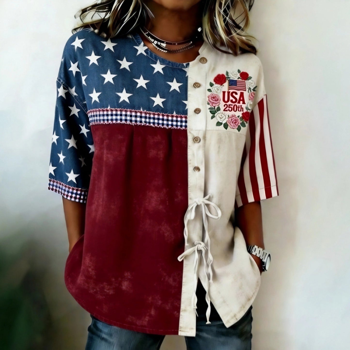 USA 250th Women's Short-Sleeved Shirt with Tie Hem - GLOWUP