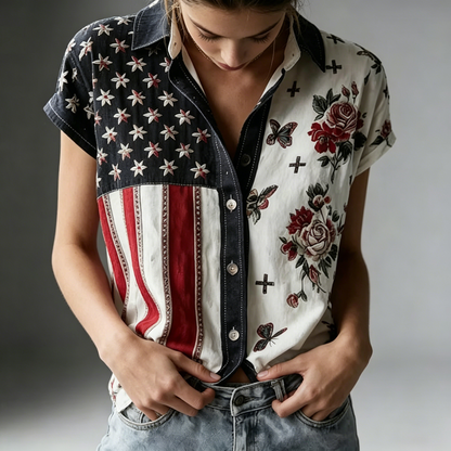 Women's American Founding 250th Anniversary Art Print Short-Sleeved Shirt - GLOWUP