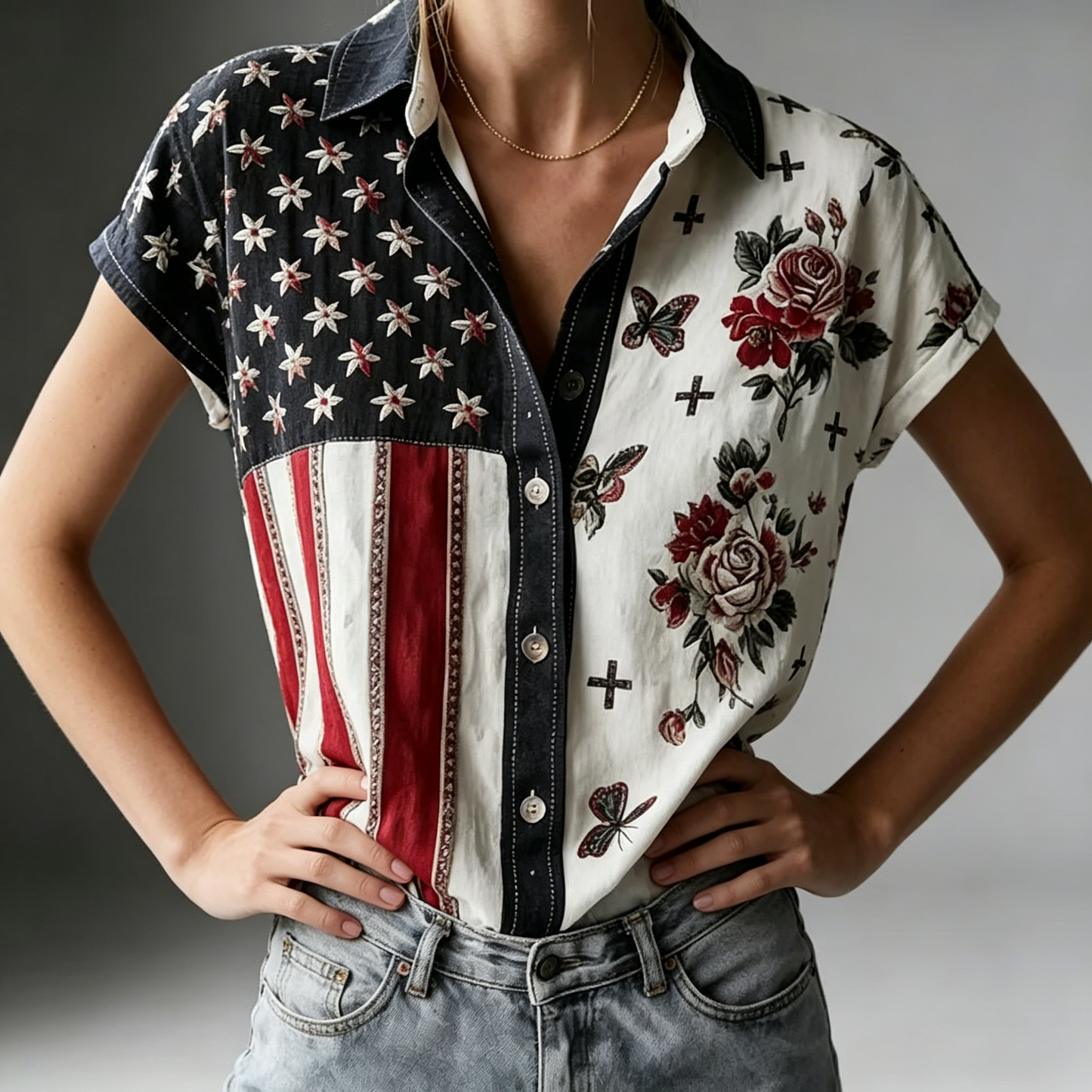 Women's American Founding 250th Anniversary Art Print Short-Sleeved Shirt - GLOWUP