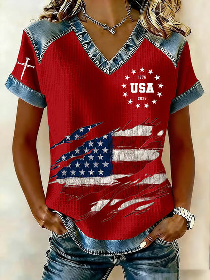 Women's 250th America Anniversary Casual Printed Waffle Knit Short-Sleeved T-Shirt - BundleWear